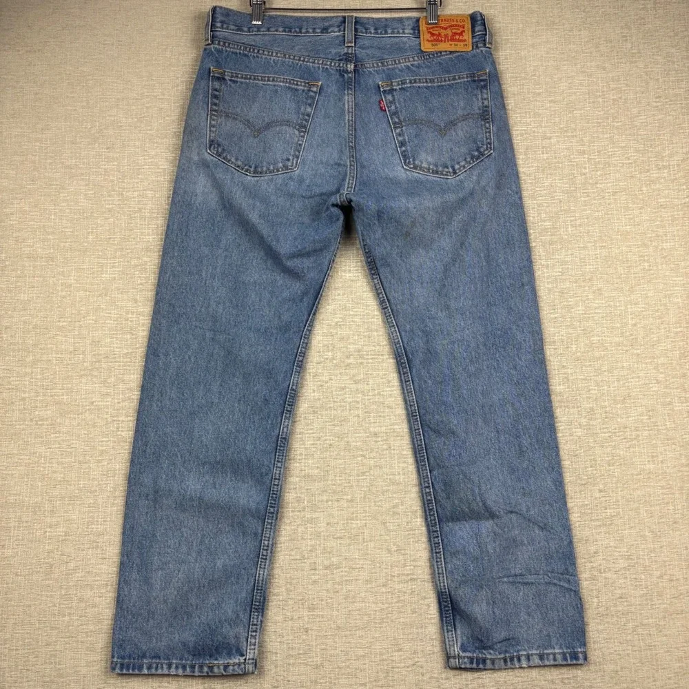 Levis 505 Mens 34x29 Jeans Medium Light Blue Washed Denim Grungy HighLow Fading